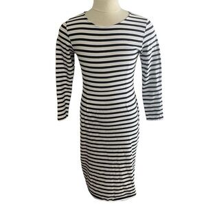 J Crew Women White & Black Striped Midi Dress Sz 12 100% Cotton Jersey Knit Zip